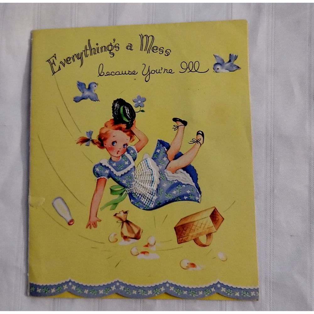 Vintage Get Well Card Fine Linen Paper Topsy Turvy Girl Bluebirds T 2163 USA